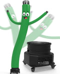 Green tube man inflatable with a cartoon face and waving arms beside a black blower on wheels