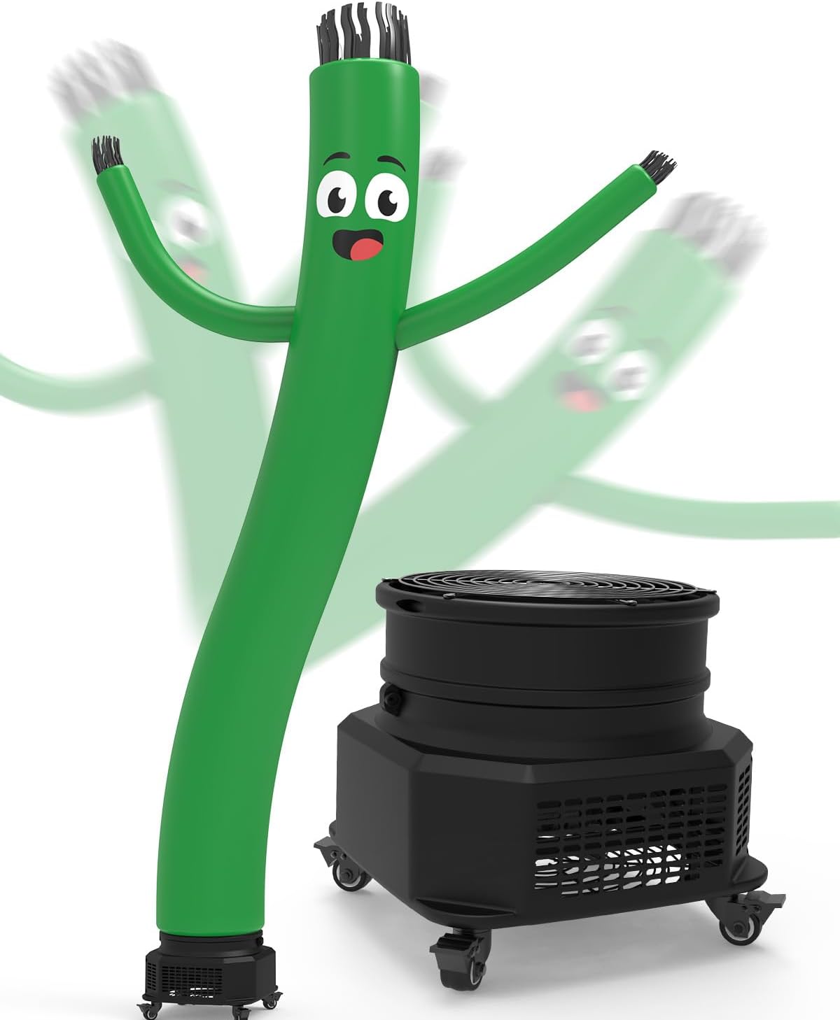 Green tube man inflatable with a cartoon face and waving arms beside a black blower on wheels