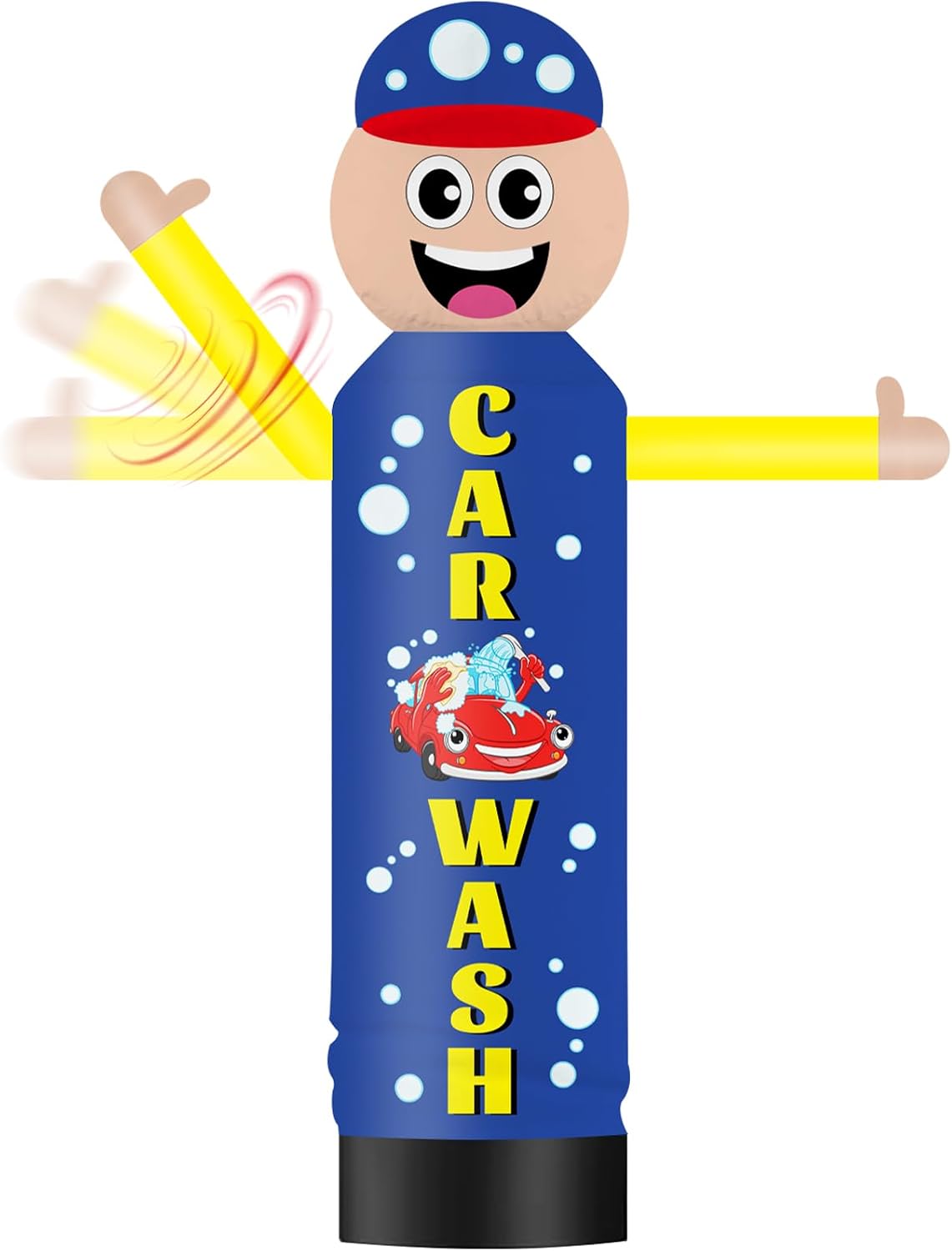 Blue tube man inflatable with a smiling face, cap and CAR WASH printed down the body