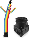 Rainbow-striped tube man inflatable with a smiling face beside its black blower