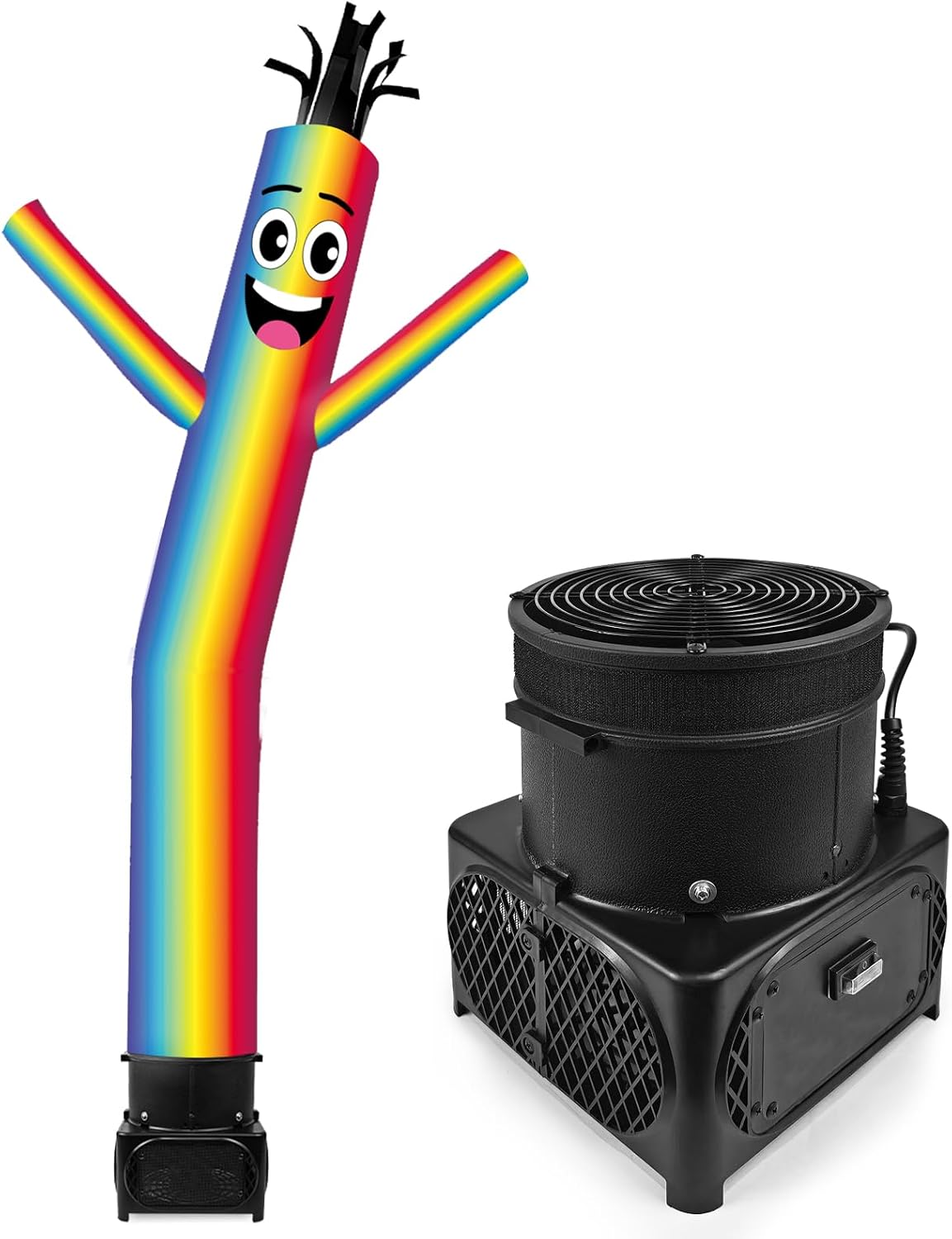 Rainbow-striped tube man inflatable with a smiling face beside its black blower