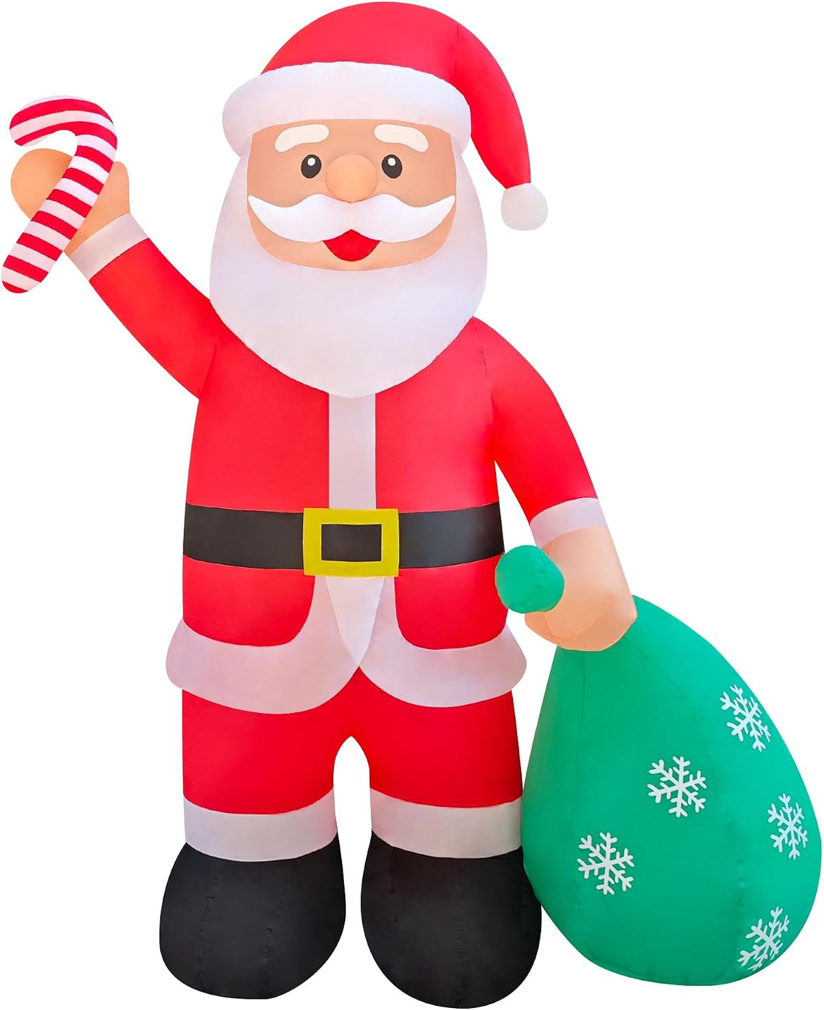 Giant Santa inflatable holding a candy cane and a green snowflake gift sack