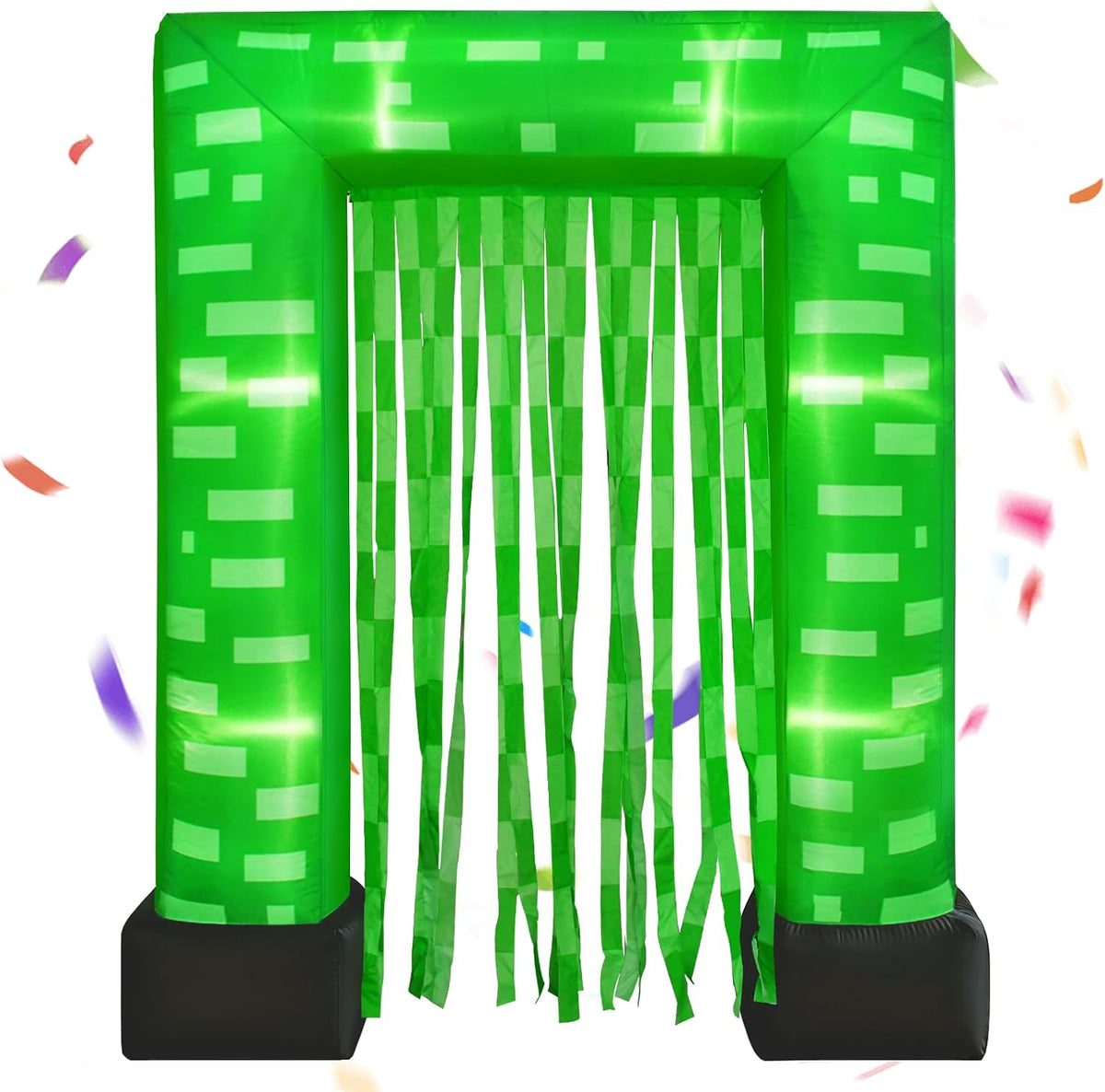 Green pixel-block square inflatable arch with a green streamer curtain