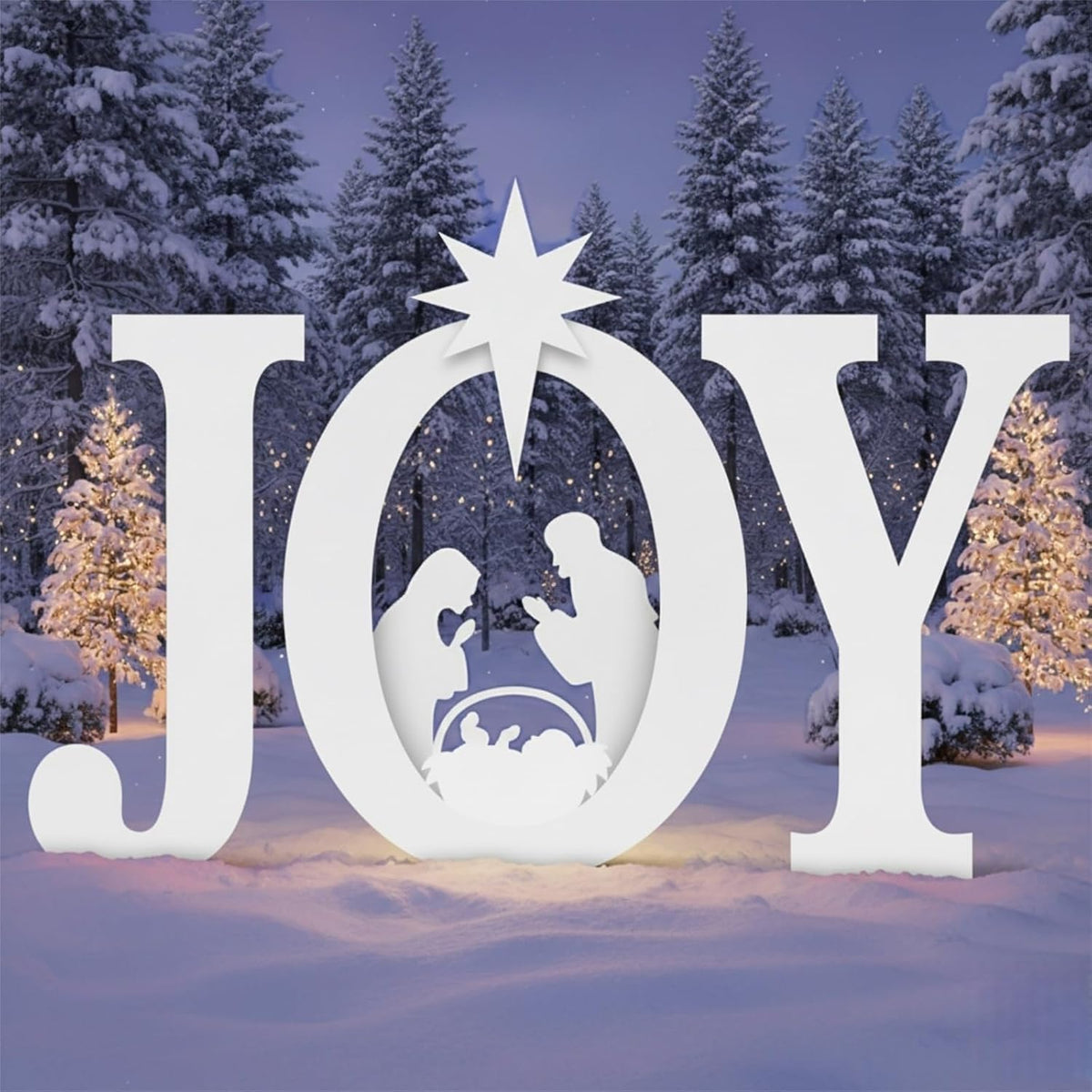 White JOY yard letters with a nativity cutout and star in the O, standing in snow