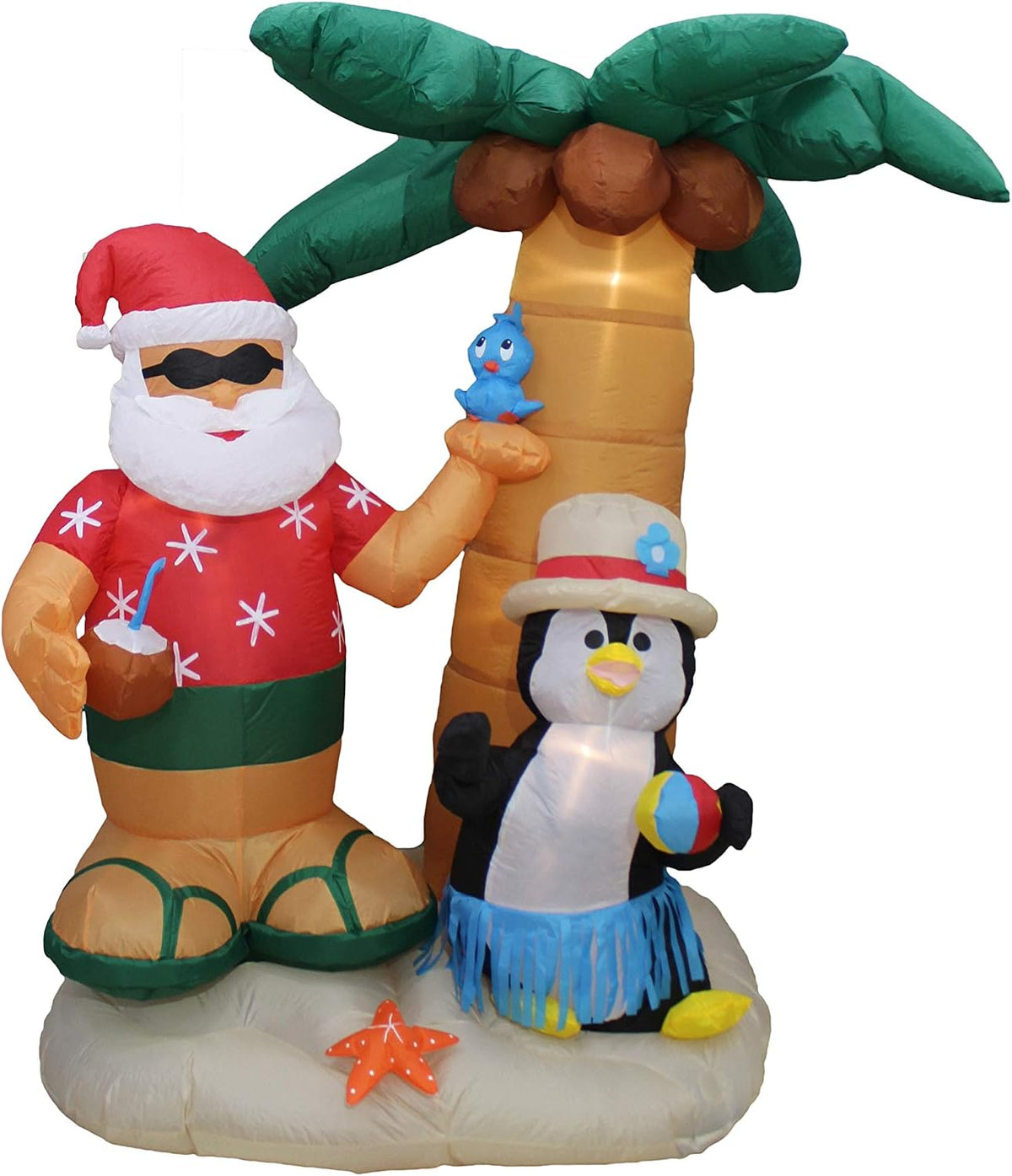 Santa in a Hawaiian shirt and a penguin in a straw hat on an island under a palm tree inflatable