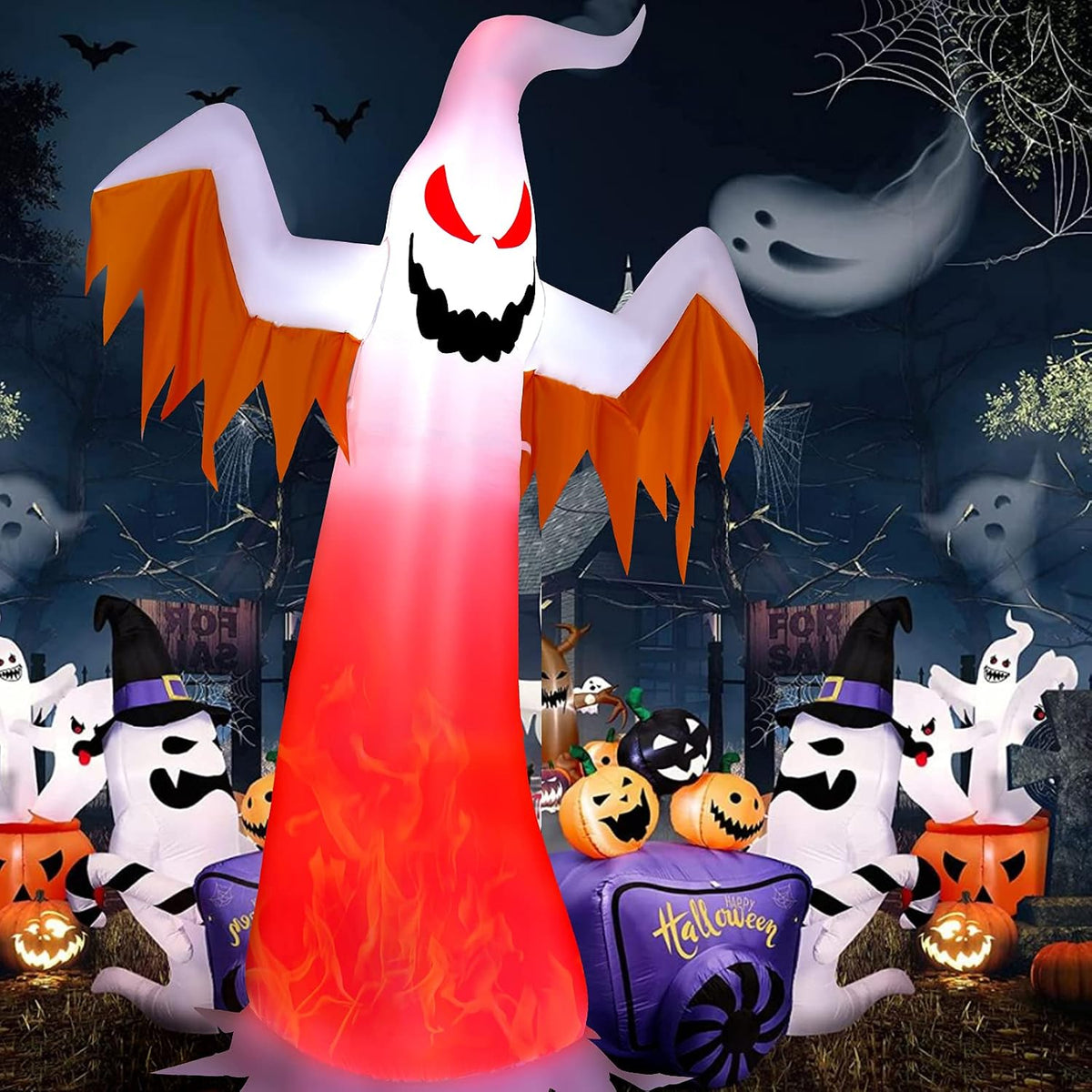 White ghost inflatable with orange wings and a red flame light effect in a Halloween scene