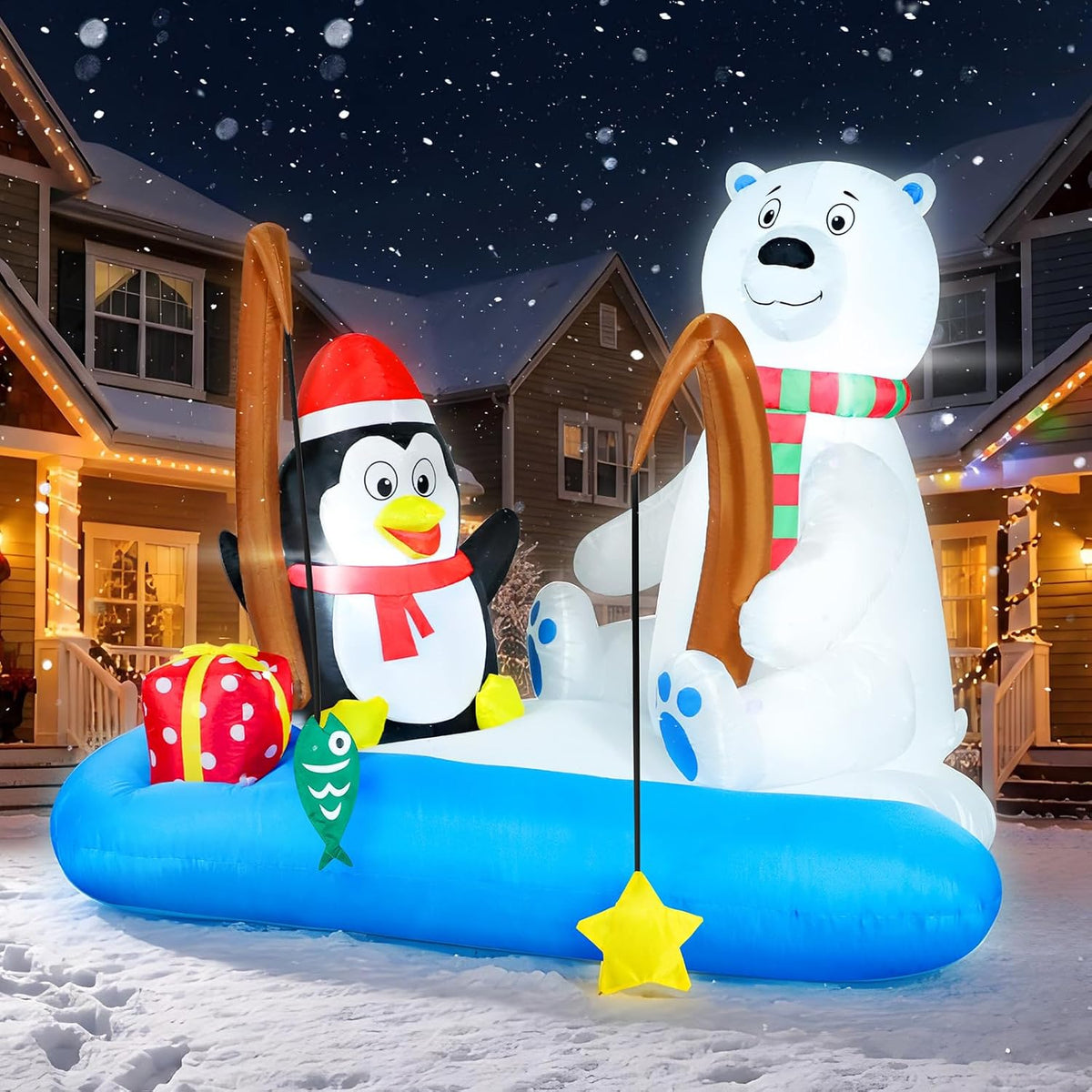 Polar bear and penguin in Santa hats fishing from a blue boat inflatable on snow