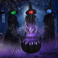 Three hooded witch stakes with glowing faces around a tripod cauldron glowing purple