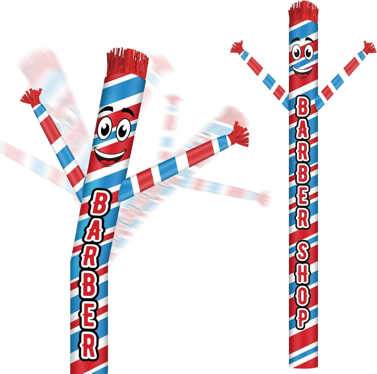 Red, white and blue barber-pole tube man inflatables with Barber Shop lettering