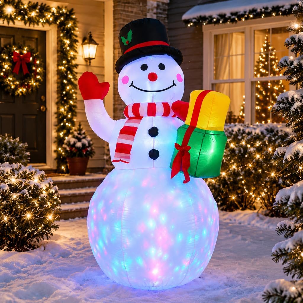 Snowman inflatable in a top hat holding a gift with a clear body glowing in rotating colored lights