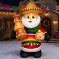 Santa inflatable in a sombrero and striped serape holding a maraca in a snowy yard with papel picado