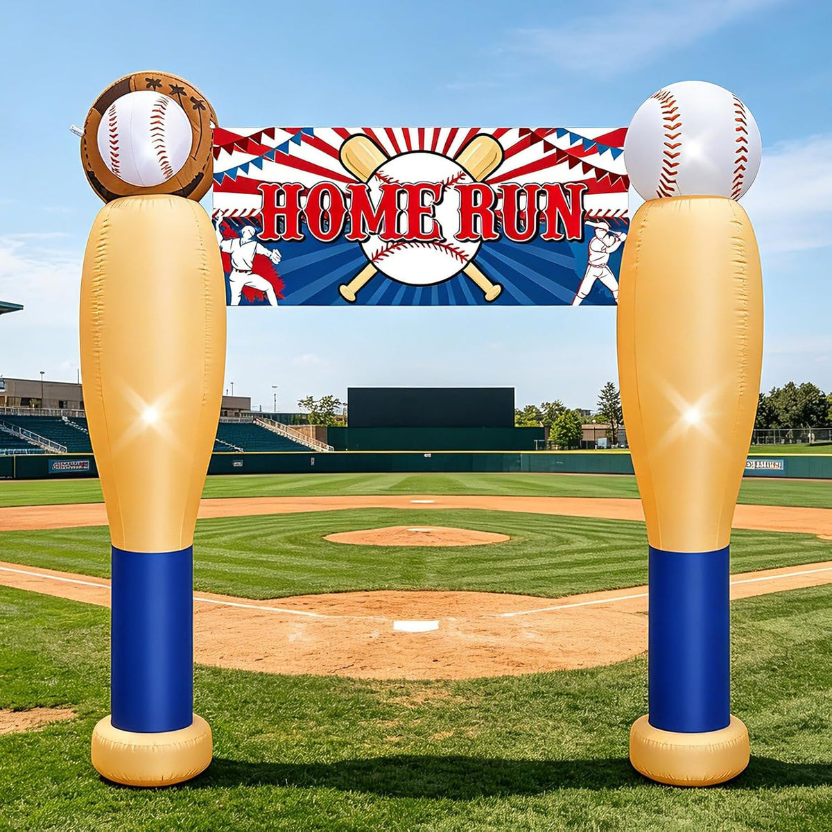 Two baseball bat inflatables holding a Home Run banner on a baseball field