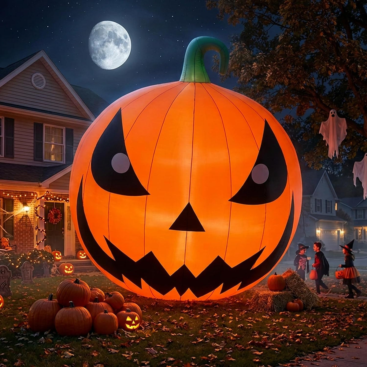 Giant glowing jack-o'-lantern inflatable with a toothy grin in a yard under a full moon