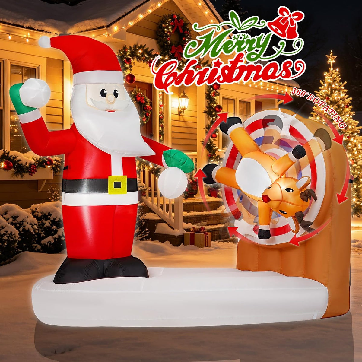 Santa inflatable next to a rotating reindeer target wheel with a Merry Christmas sign on a porch