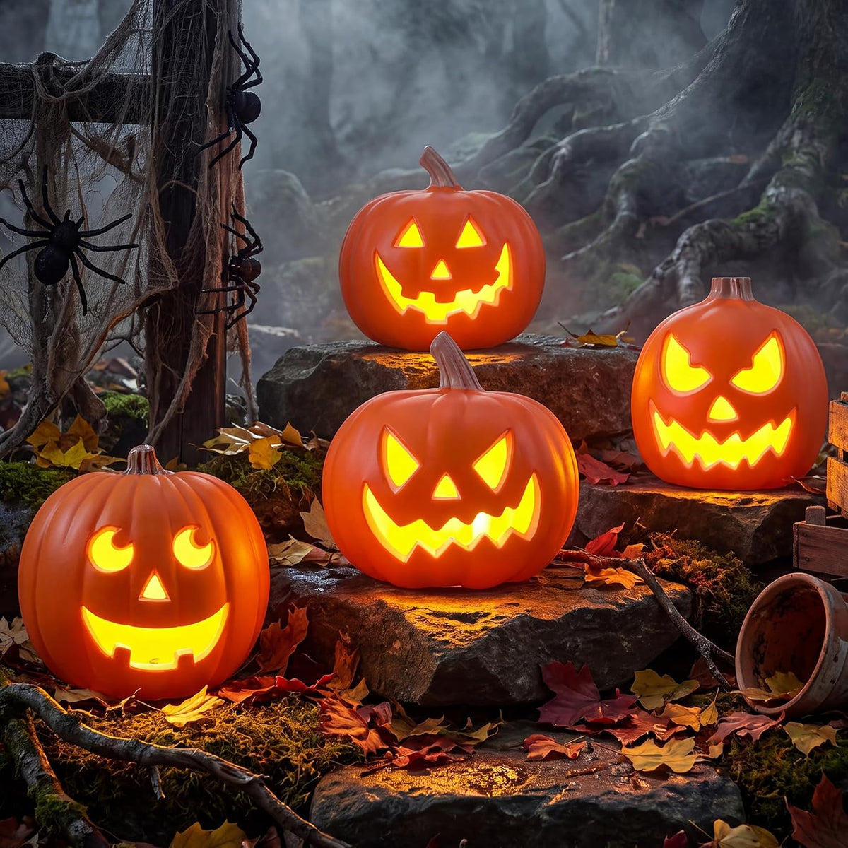 Four glowing jack-o'-lantern pumpkin lights on rocks and leaves at night