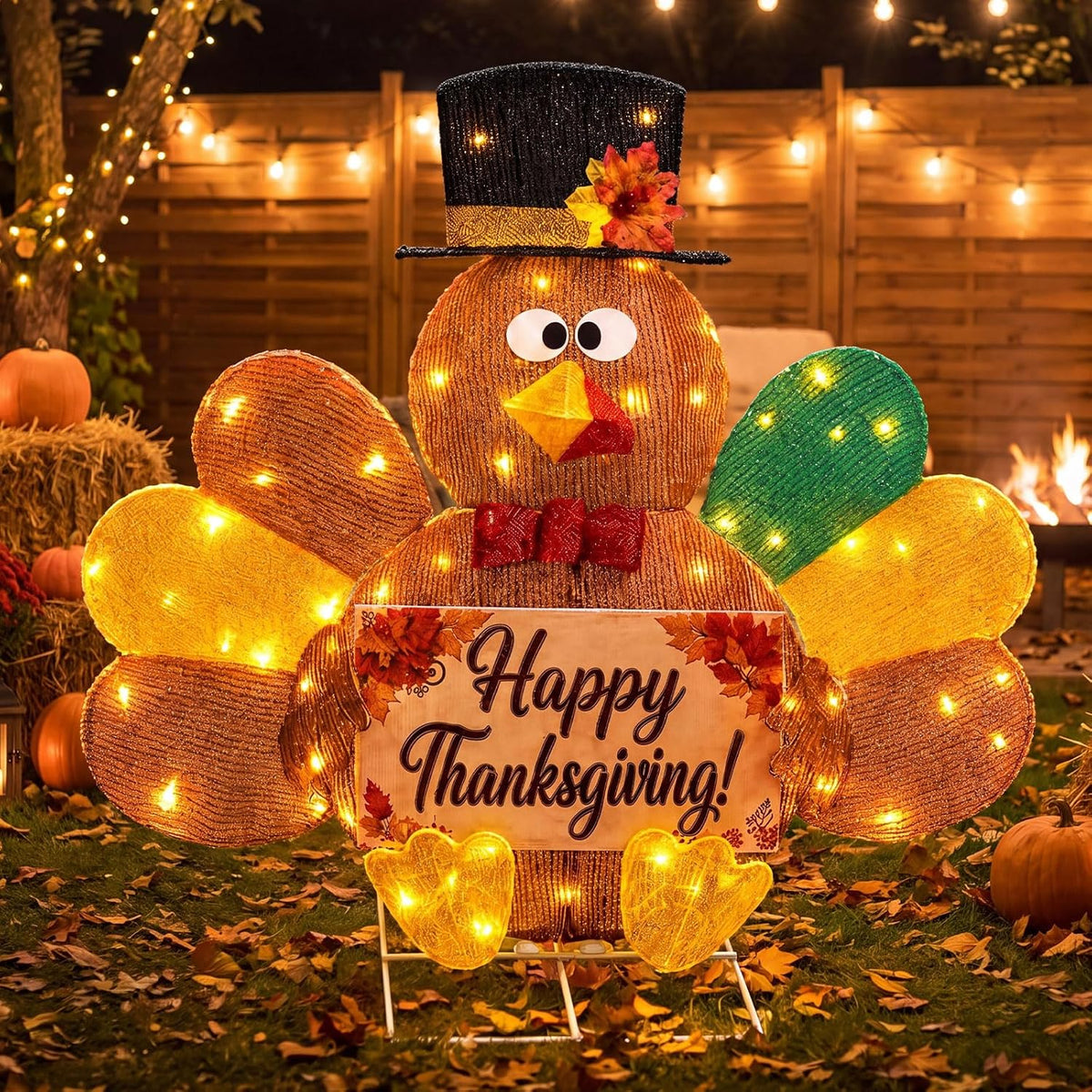 Lighted sparkly turkey in a top hat holding a Happy Thanksgiving sign on a patio
