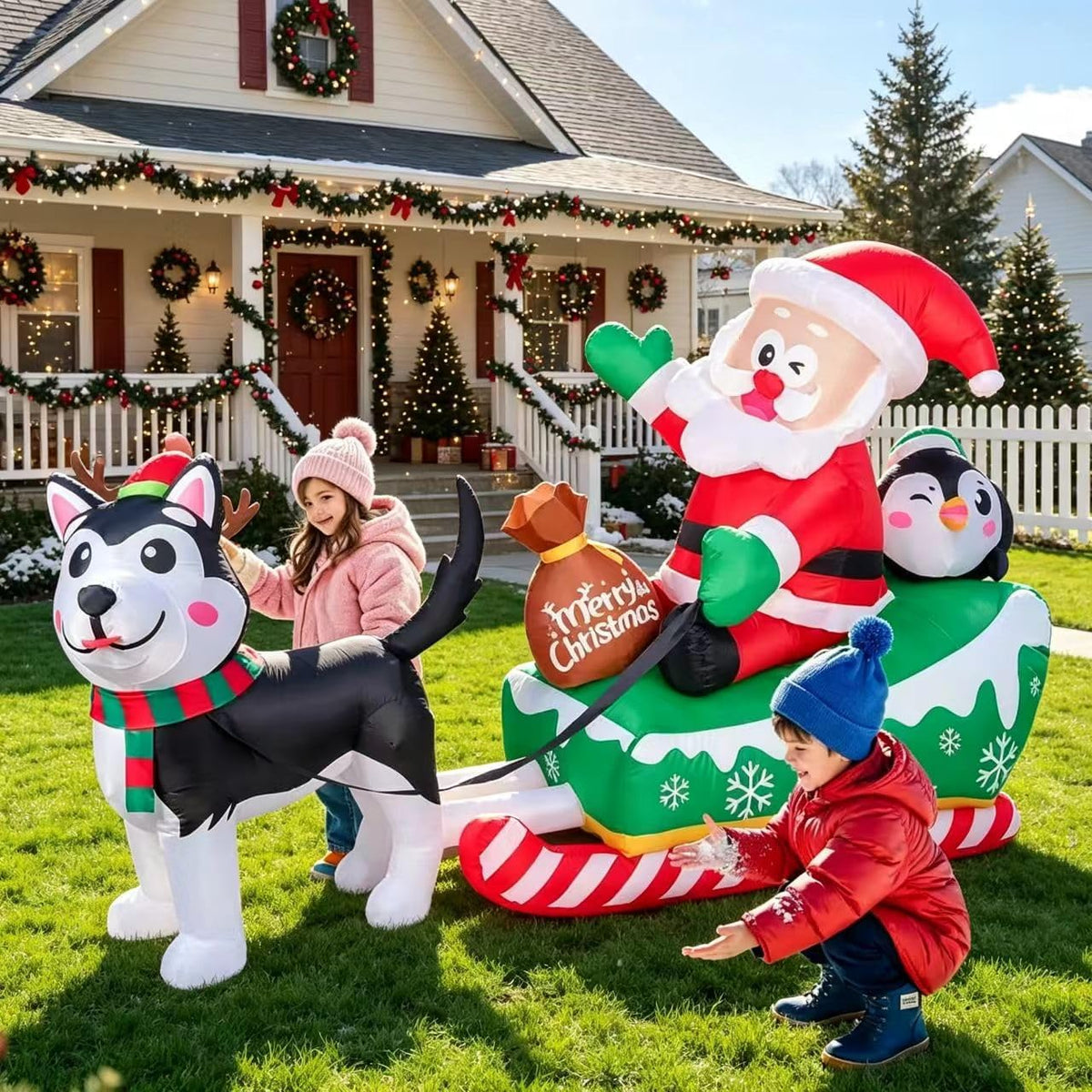 Santa and a penguin on a green sled pulled by a husky inflatable with children playing on a lawn