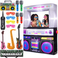 Giant boombox photo booth inflatable with two women posing, plus inflatable guitars, saxophone and sunglasses props