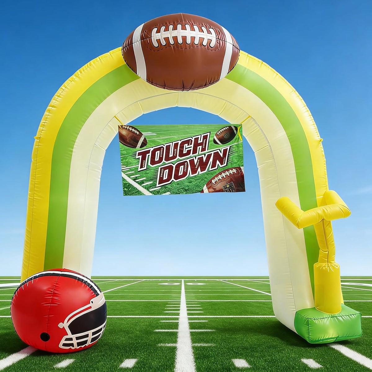 Yellow football goal post inflatable arch with a football on top and a Touch Down banner on a field