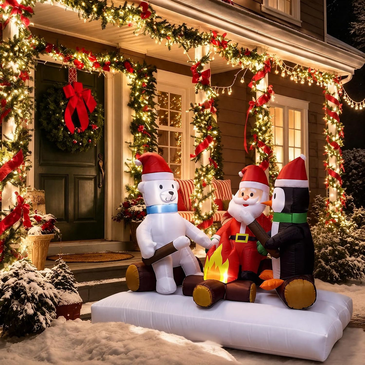 Santa, a polar bear and a penguin roasting marshmallows over a lit campfire inflatable by a front door