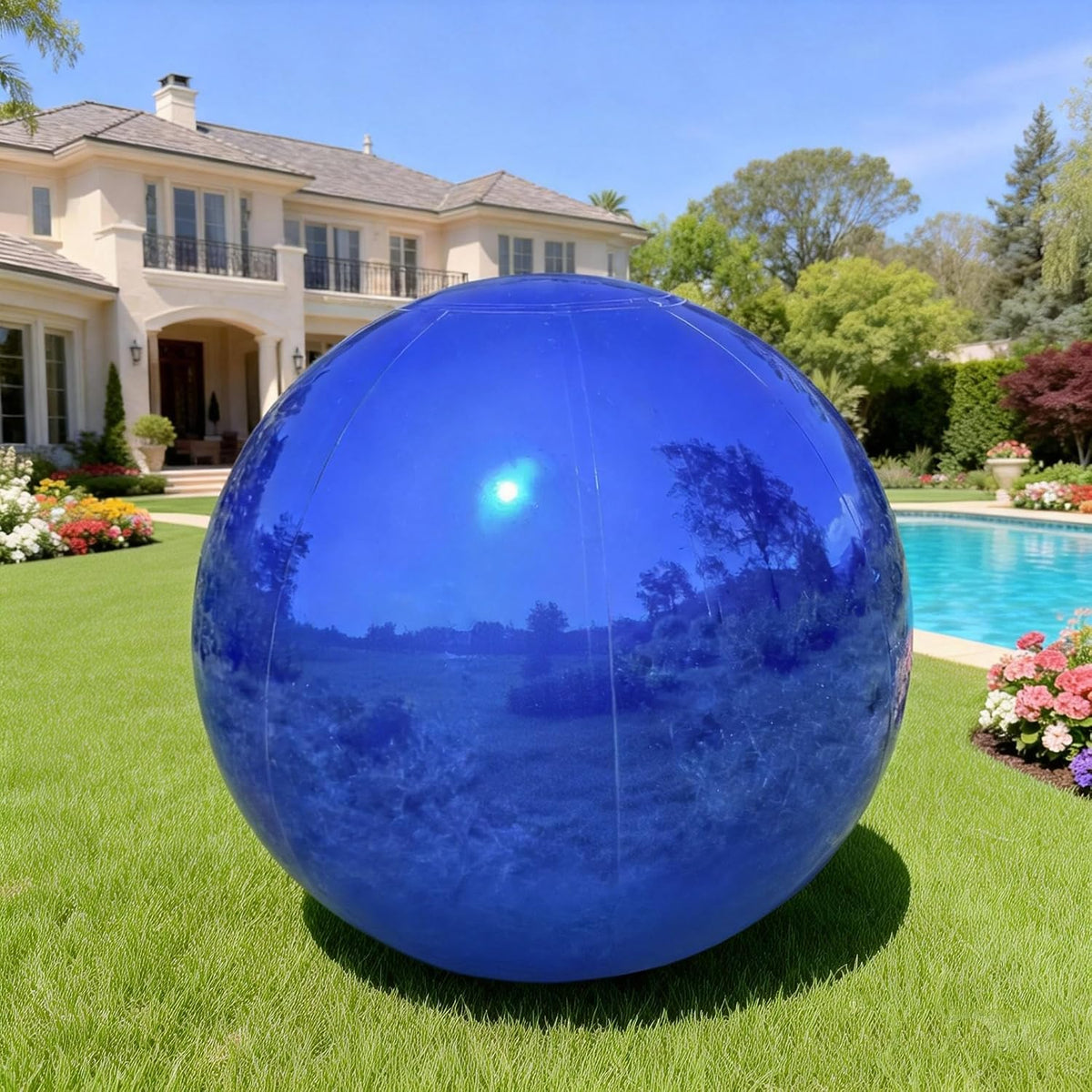 Shiny blue inflatable mirror ball on a lawn beside a pool