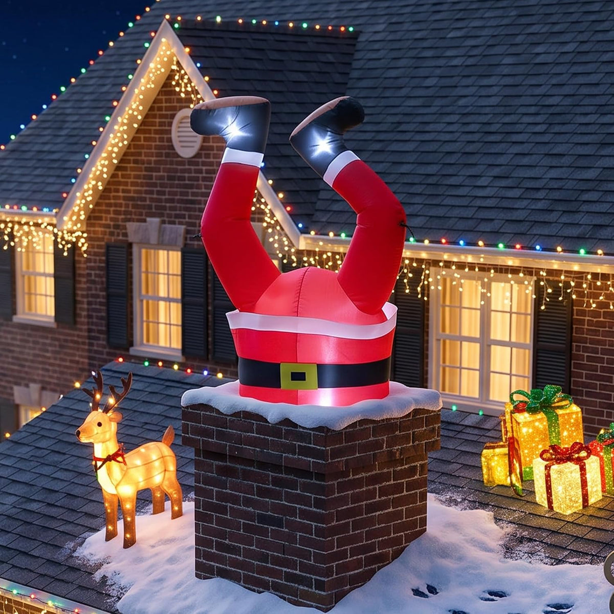 Santa legs and boots sticking out of a brick chimney inflatable on a snowy roof