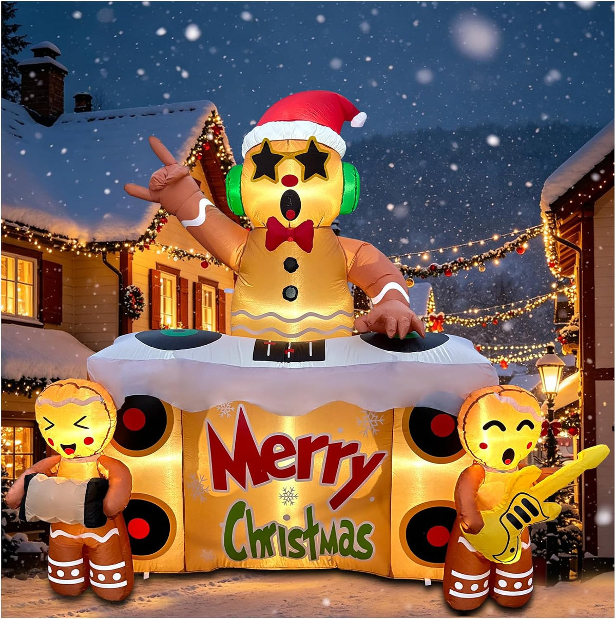 Gingerbread man in star sunglasses at a Merry Christmas DJ booth with two gingerbread musicians in the snow