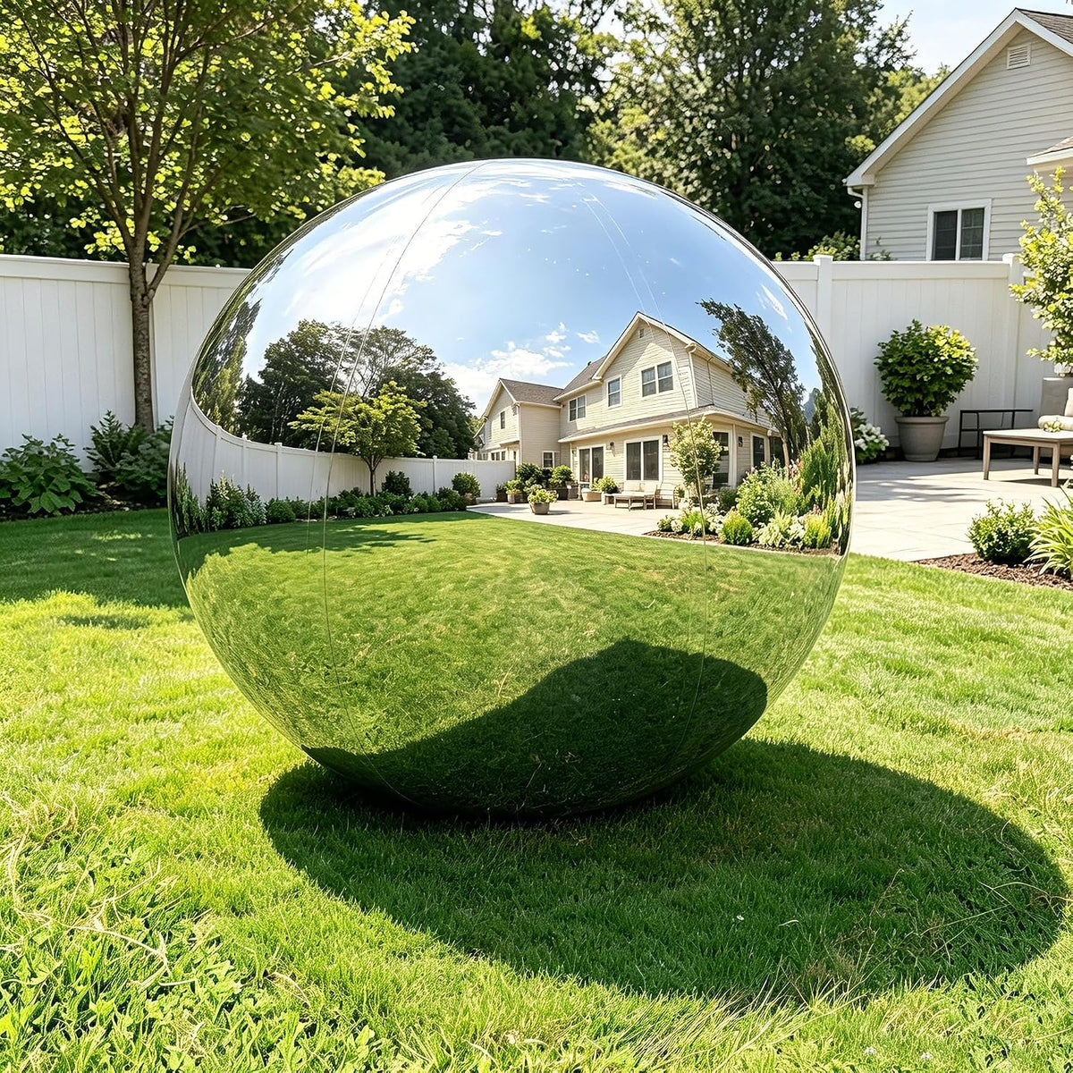 Shiny silver inflatable mirror ball on a green lawn reflecting a house